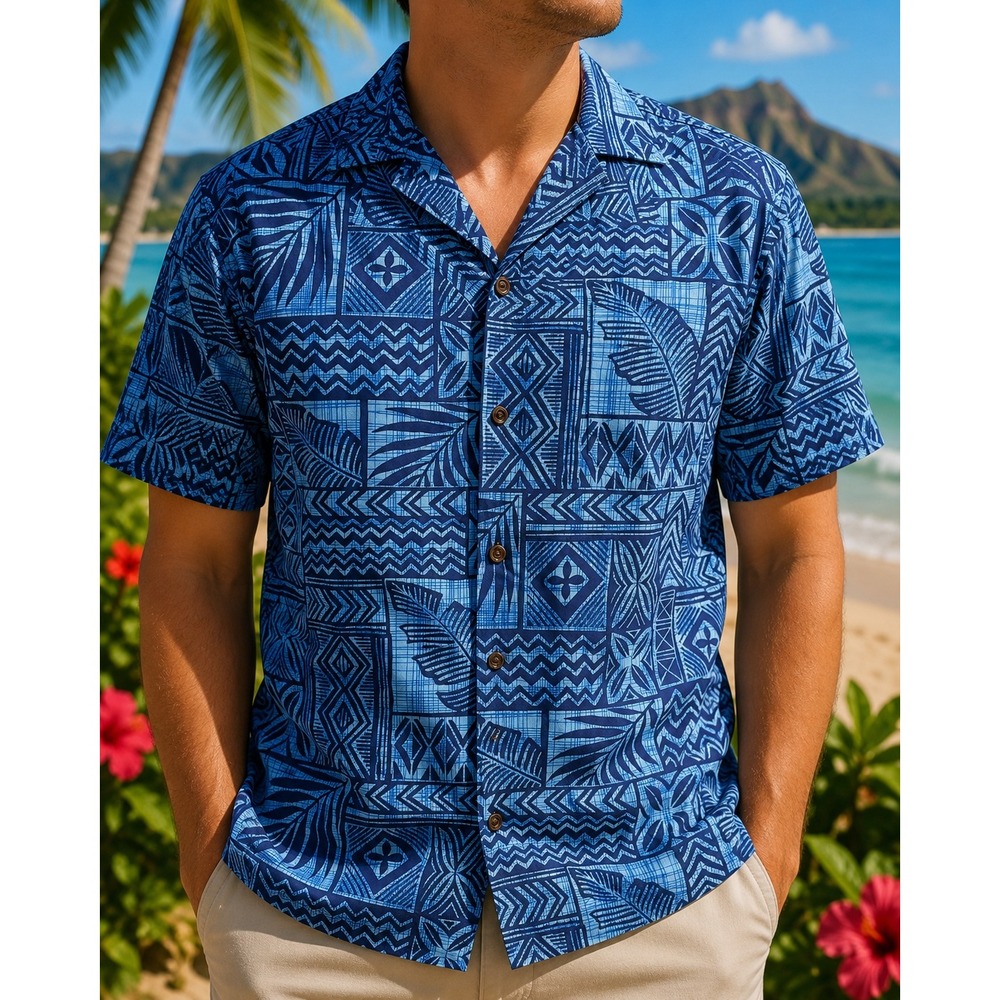 RJC Mens 2XL Hawaiian Shirt Blue Tapa Geometric Tropical Leaf Made in USA NWT